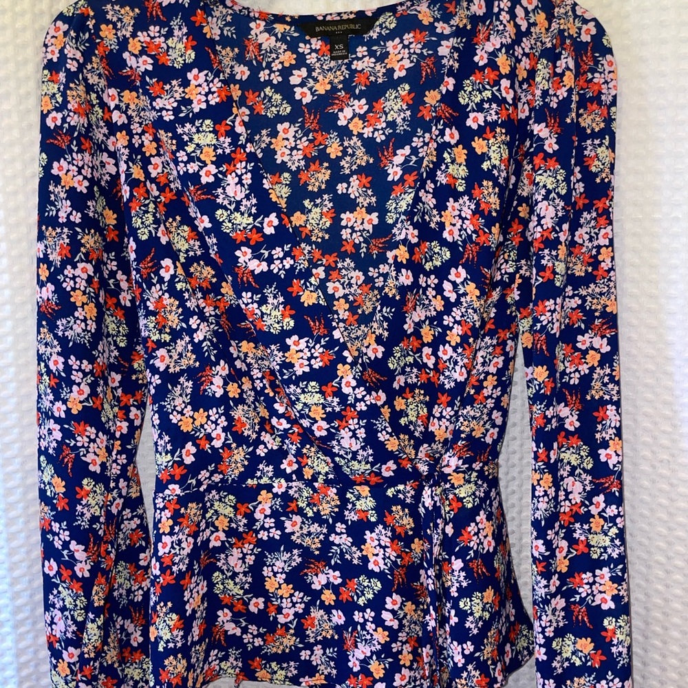 Banana Republic Blue Floral Wrap Blouse
